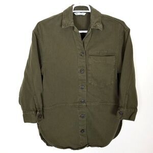 Zara Women Button Down Shirt Jacket Sz S  Army/Olive Green 3/4 Sleeve Thick